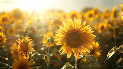 Obraz premium Sunflower Symphony Faces Turned Toward the Sun Golden Petals Background AI Generative