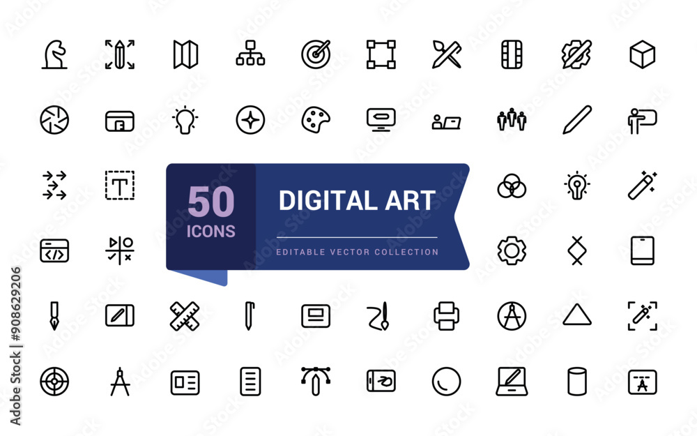 Poster digital art icon set. creativity and graphic design related icons collection. minimalist thin linear