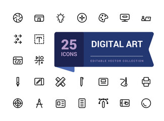 Digital Art icon set. Creativity and graphic design related icons collection. Minimalist thin linear web ui icon set. Simple editable vector stroke illustration.