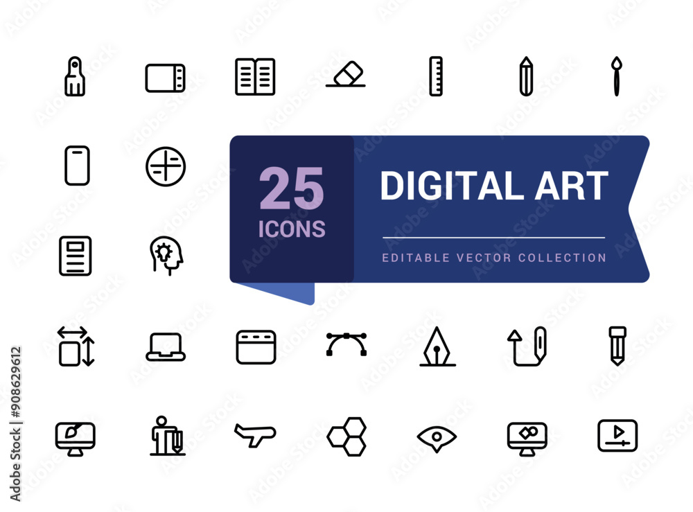 Poster digital art icon set. creativity and graphic design related icons collection. minimalist thin linear