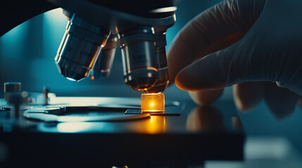 Photography of a scientist’s fingers carefully placing a specimen slide onto the microscope stage, with UHD detail showcasing the meticulous handling and the clear view of the sample 
