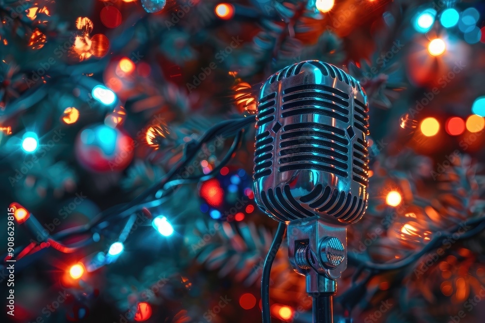 Poster a microphone is placed in front of a christmas tree. the microphone is surrounded by a colorful back