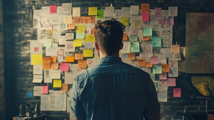 Photography of a graphic designer brainstorming ideas with sticky notes and sketches on a wall, with 4K resolution emphasizing the organized chaos and the creative process 