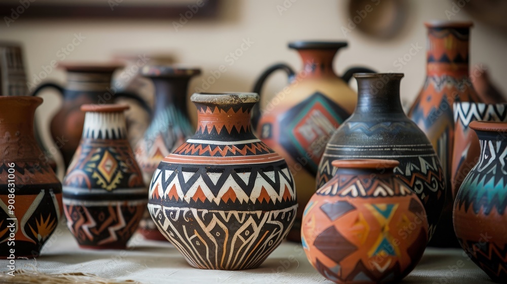 Poster geometric patterns in traditional pottery. describe a pottery style or technique that uses geometric