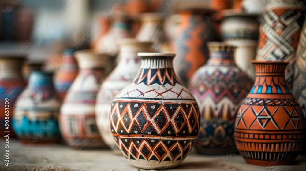 Poster geometric patterns in traditional pottery. describe a pottery style or technique that uses geometric