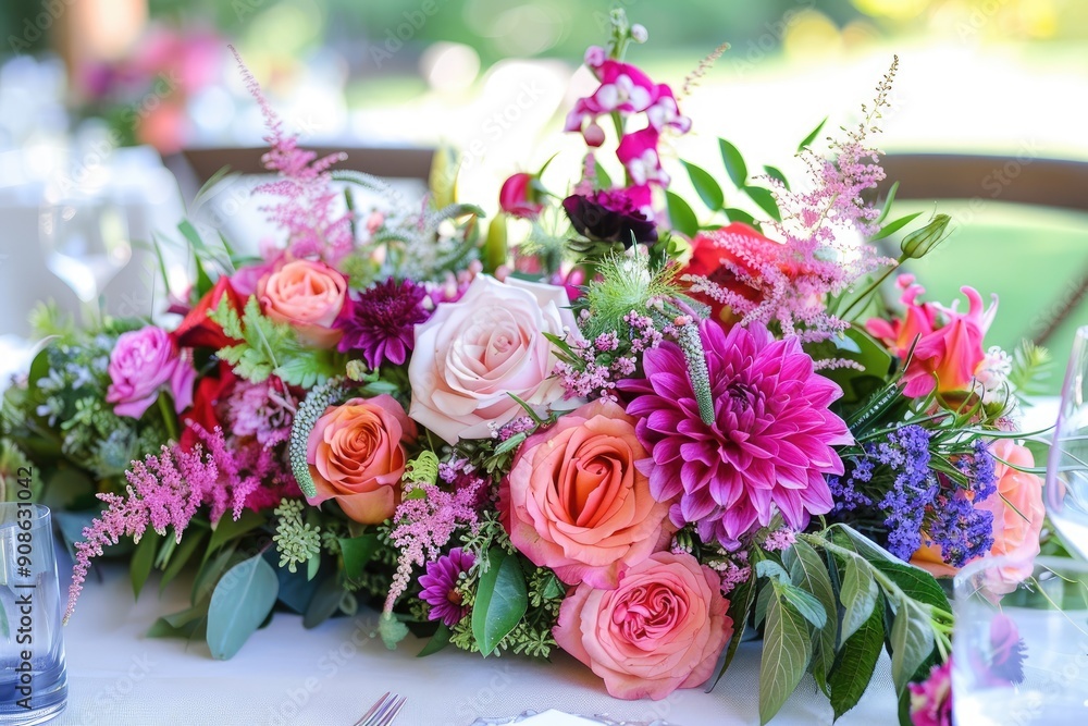 Aufkleber a table with a vase of flowers on it. the flowers are pink and orange and are arranged in a way that