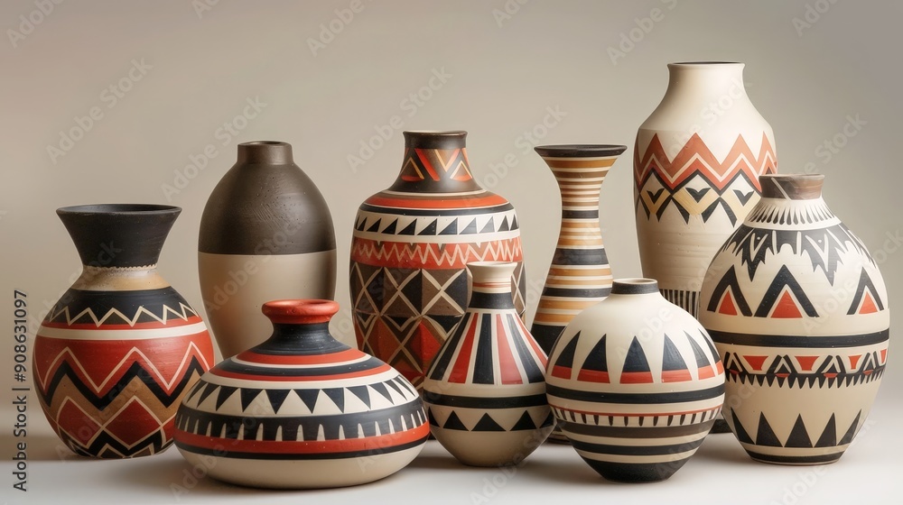Poster geometric patterns in traditional pottery. describe a pottery style or technique that uses geometric