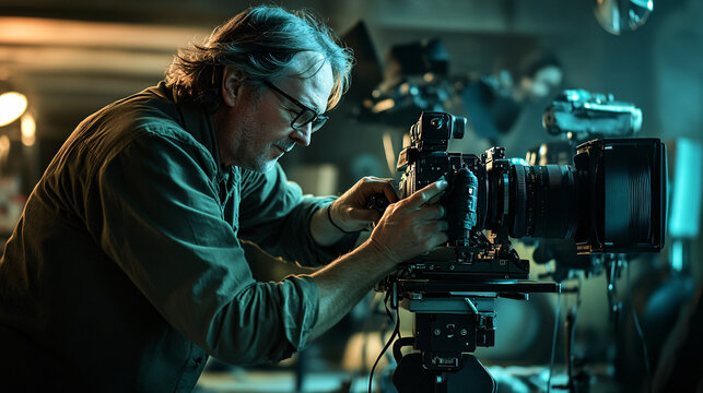 Photography of a director adjusting camera settings on a film set, with UHD detail highlighting the meticulous adjustments and the director’s focused hands 
