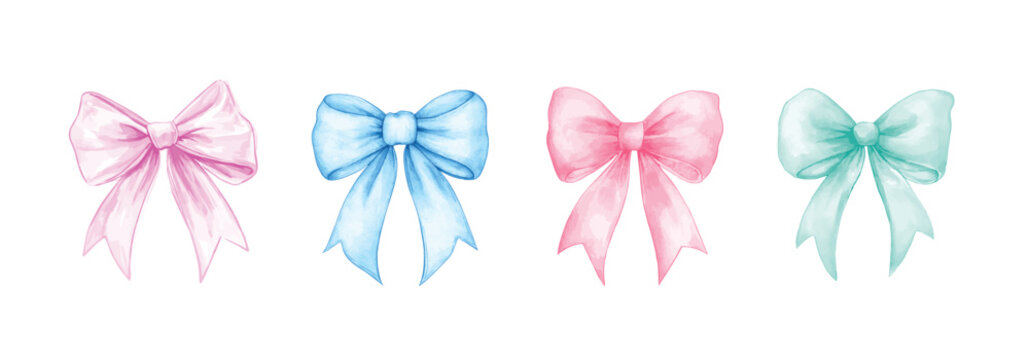 hand-drawn watercolor four bows isolated on a white background.