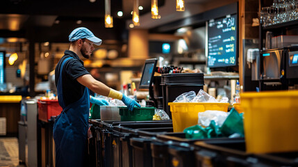 Photography of a cleaner emptying trash bins in a busy restaurant, with high-definition detail capturing the efficient waste management and the clean surroundings 