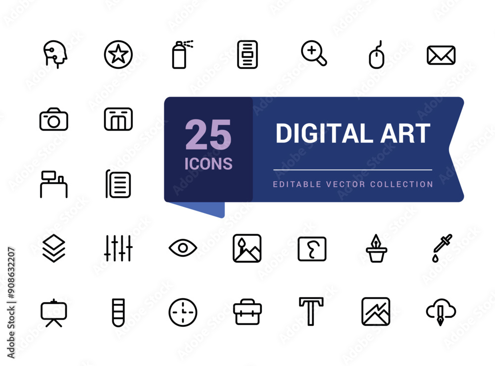 Poster digital art icon set. creativity and graphic design related icons collection. minimalist thin linear