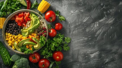 A vibrant arrangement of fresh vegetables and greens in a bowl, ideal for healthy eating and culinary creativity.