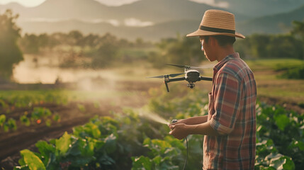 Smart farm, precision farming concept. Use drone for various fields like research analysis, terrain scan technology, monitoring soil hydration, yield problem, take photo and send data to the cloud