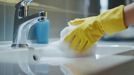 Photography of a housekeeper scrubbing a bathroom sink with gleaming fixtures, with UHD clarity highlighting the sparkling clean surfaces and the meticulous cleaning 