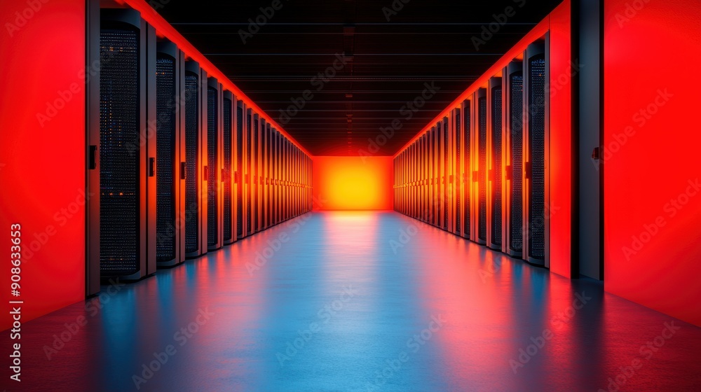 Poster a data center filled with servers and networking equipment, representing cloud infrastructure.
