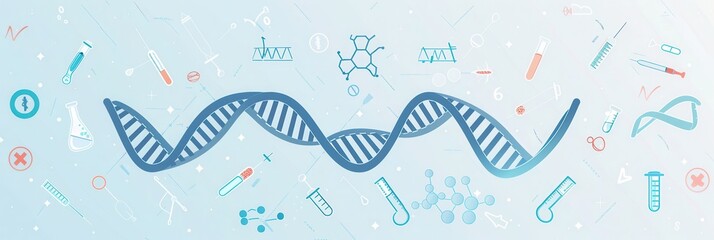 A double helix DNA strand is surrounded by various medical icons, including microscopes, test tubes, and stethoscopes, illustrating genetic research. Generative AI