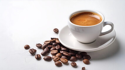 Fototapeta premium Espresso in White Cup with Coffee Beans on White Background