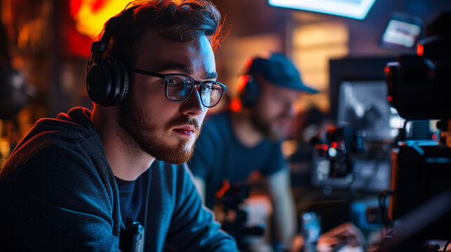 Photography of a cartoon writer collaborating with a team of animators in a studio, with 4K resolution highlighting the teamwork and the high-tech environment 