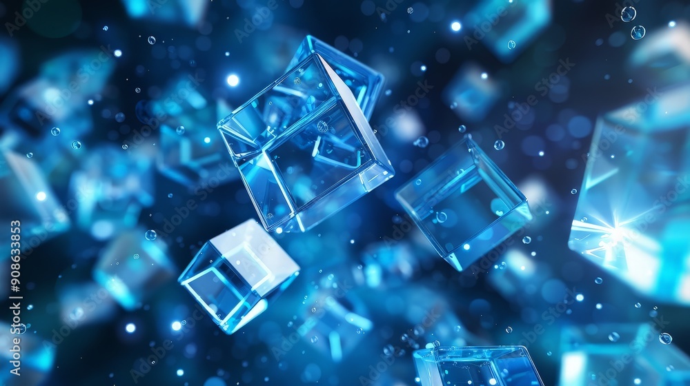 Poster holographic 3d cubes rotating in space, creating a dynamic and futuristic backdrop for digital prese