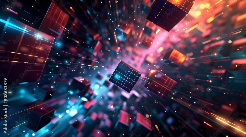 Poster holographic 3d cubes rotating in space, creating a dynamic and futuristic backdrop for digital prese