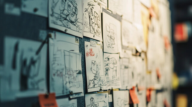 Photography of a close-up of a cartoon writer's storyboard pinned on a wall, with 4K resolution highlighting the detailed sketches and narrative flow 