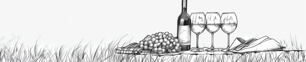 Black and white illustration of wine glasses and bottle on grass.