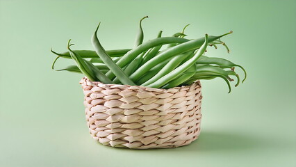 Green String Beans in a Wicker Basket on a Green Background