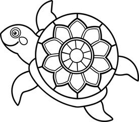 Kids Friendly Turtle Coloring Page Simple Line Art with Geometric Flower Mandala