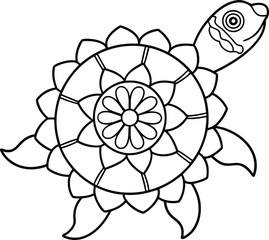 Kids Friendly Turtle Coloring Page Simple Line Art with Geometric Flower Mandala