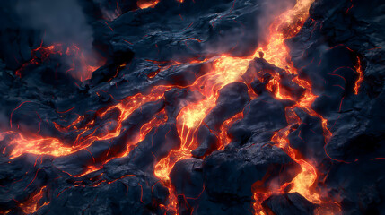Close up a volcanic area, Jagged rocks and flowing lava streams