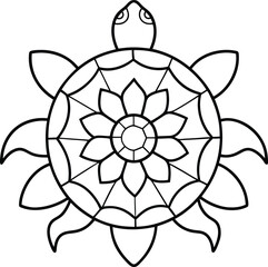 Turtle coloring page kids friendly simple line art cute turtle with geometric flower mandala design pattern minimal clipart art KDP coloring interior