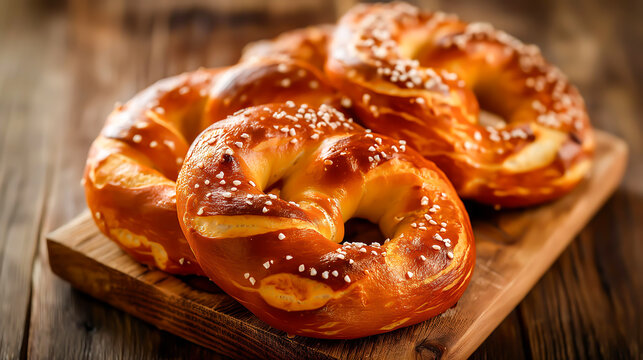 Soft baked pretzel, Homemade soft pretzels on a wooden board
