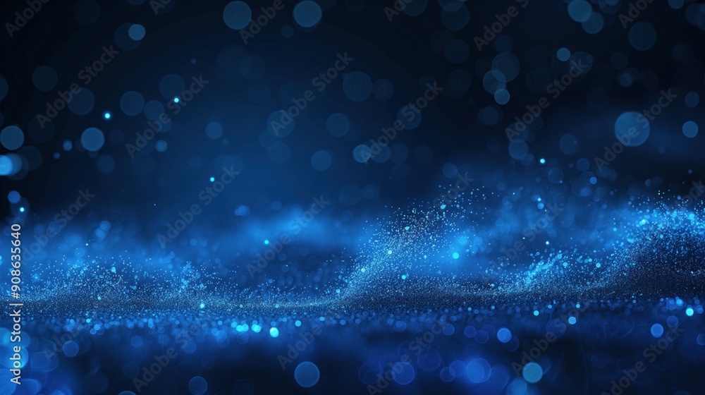 Poster dark blue background with glowing particles in various colors. image features futuristic design with