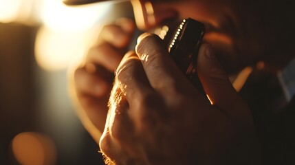 Close-up back view of a harmonica player, detailed harmonica and hands, background blurred with soft, warm hues, gentle ambient light creating subtle reflections, rustic and classic style, soulful