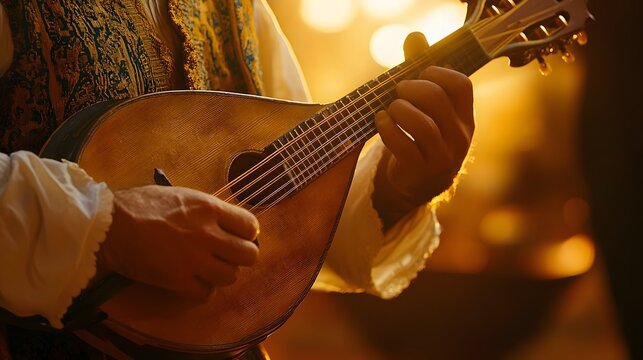Close-up back view of a mandolin player, detailed mandolin with rich wood texture, background softly blurred with golden tones, warm natural light focusing on the instrument, traditional and folk