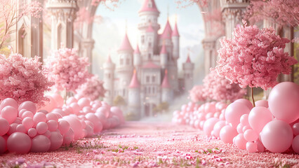 Magical Pink Princess Castle Blurred in Background with Balloons
