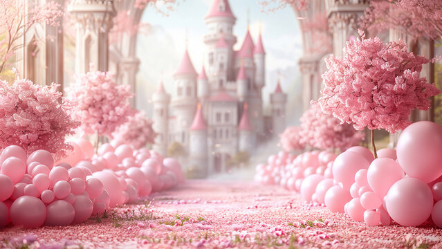 Fototapeta Magical Pink Princess Castle Blurred in Background with Balloons
