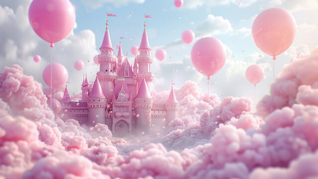Fototapeta Magical Pink Princess Castle Among Clouds and Balloons