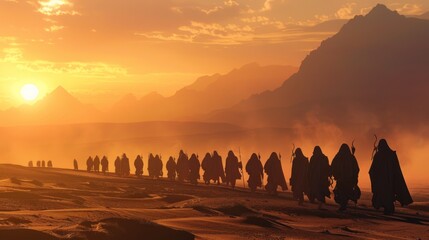Silhouettes of Travelers in a Desert Sunset