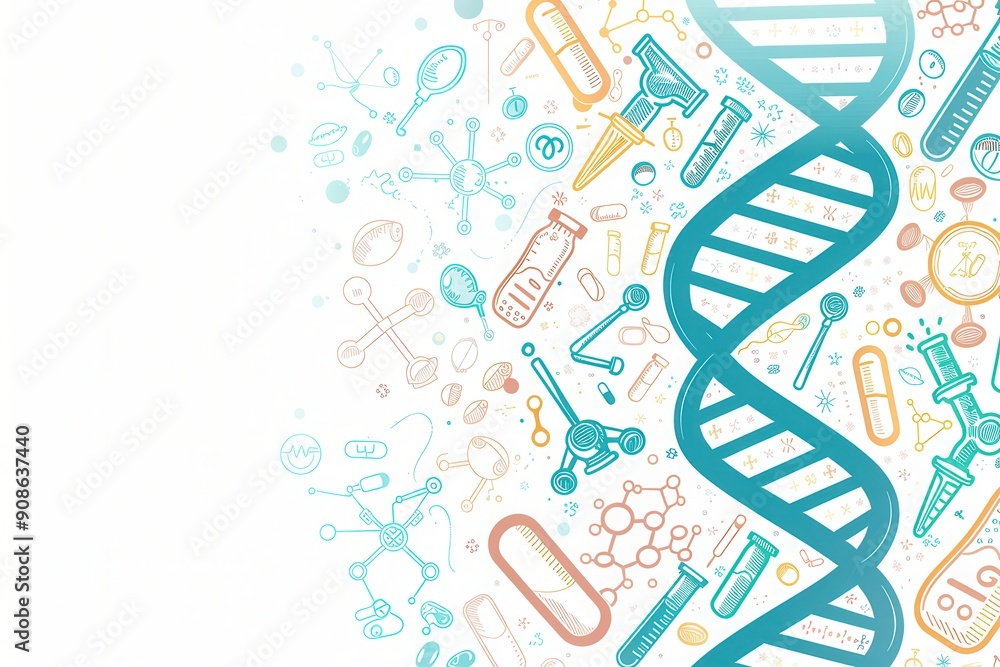 Poster a double helix dna strand is interspersed with various medical icons like microscopes, test tubes, a