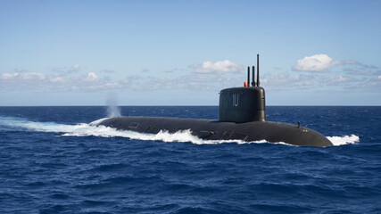 Fototapeta premium military nuclear submarine floating in the middle of the ocean while shooting an undersea torpedo missile