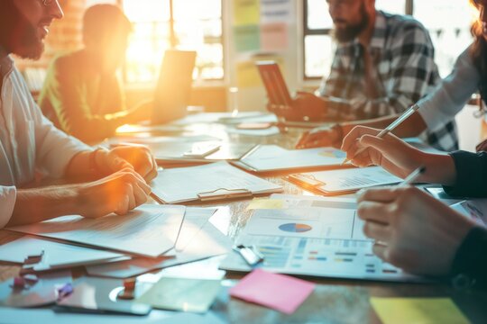 Group of young professionals work together in open space. Marketing team brainstorm ideas on laptops, notebooks, whiteboard. Casual attire, hipster style. Wooden tables, loft decor. Mobile phone,
