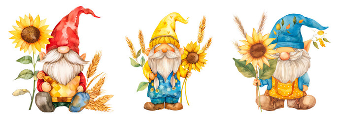 Obraz premium Set of Kawaii Gnome holding sunflower and wheat clipart isolated on transparent background