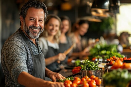 Happy middle-aged man taking a cooking class. Adult learning concept.