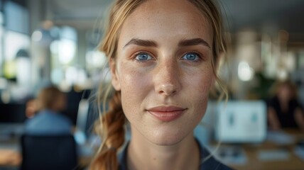 Close-up portrait of a young German female manager with a professional expression, in a modern office setting.