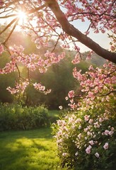 Beautiful nature spring background with a branch of blooming sakura