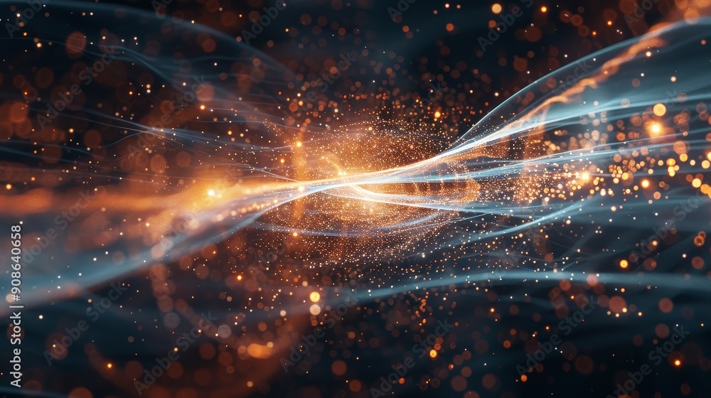 Poster quantum mechanics concept, with abstract particle wave patterns