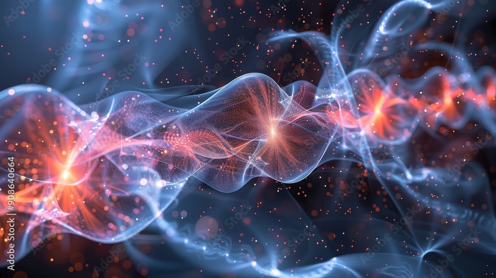 Poster quantum mechanics concept, with abstract particle wave patterns