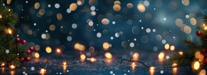 Bokeh lights on dark blue background create a festive atmosphere. Christmas garland shines with warm colours. Gold and yellow hues add luxury feel to this holiday illumination concept.