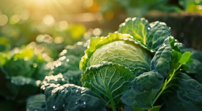 juicy fresh green cabbage in the garden, rays of the sun, dew drops, close-up 